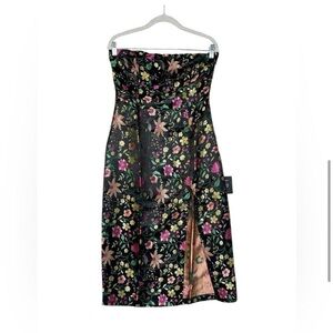 Lulus Make a Move Black Satin Floral Jacquard Strapless Midi Dress
